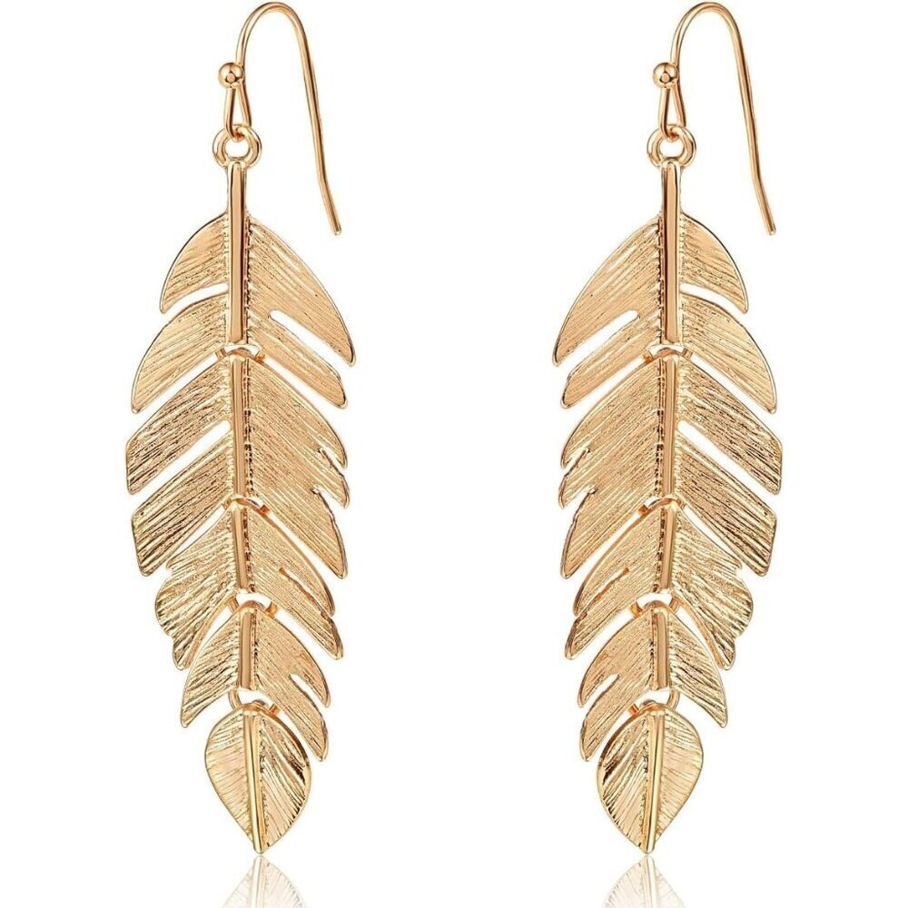 Women's Leaf Long Hanging Boho Humble Chic Feather Plated Metal Gold Earrings